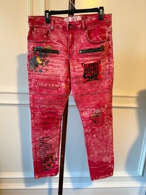 DSTRKT Denim Red Graphic Moto Jeans